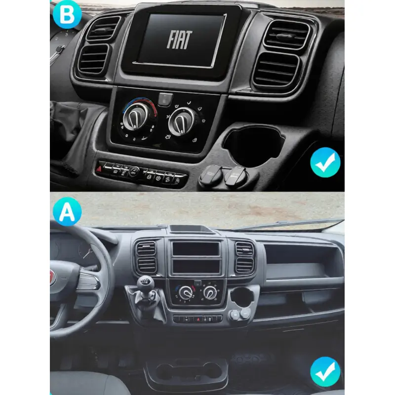 Guía visual de compatibilidad de salpicaderos originales en furgonetas Stellantis para instalar el nuevo sistema multimedia.