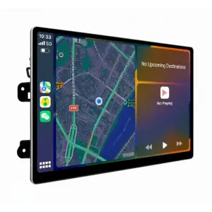 Radio navegador de 12.5" mostrando la función de Apple CarPlay y pantalla dividida con navegación GPS y reproductor de música.