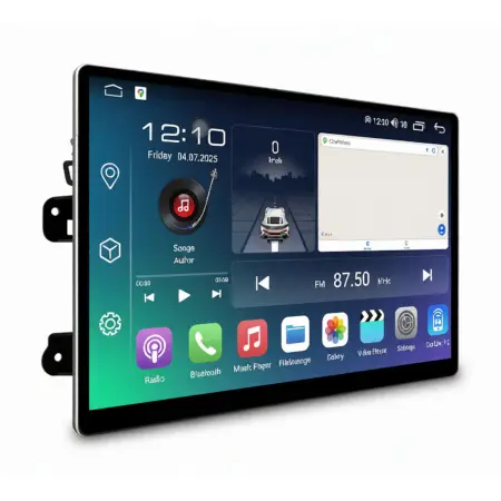 Interfaz de usuario del menú principal del autorradio Android 15 mostrando iconos de aplicaciones.