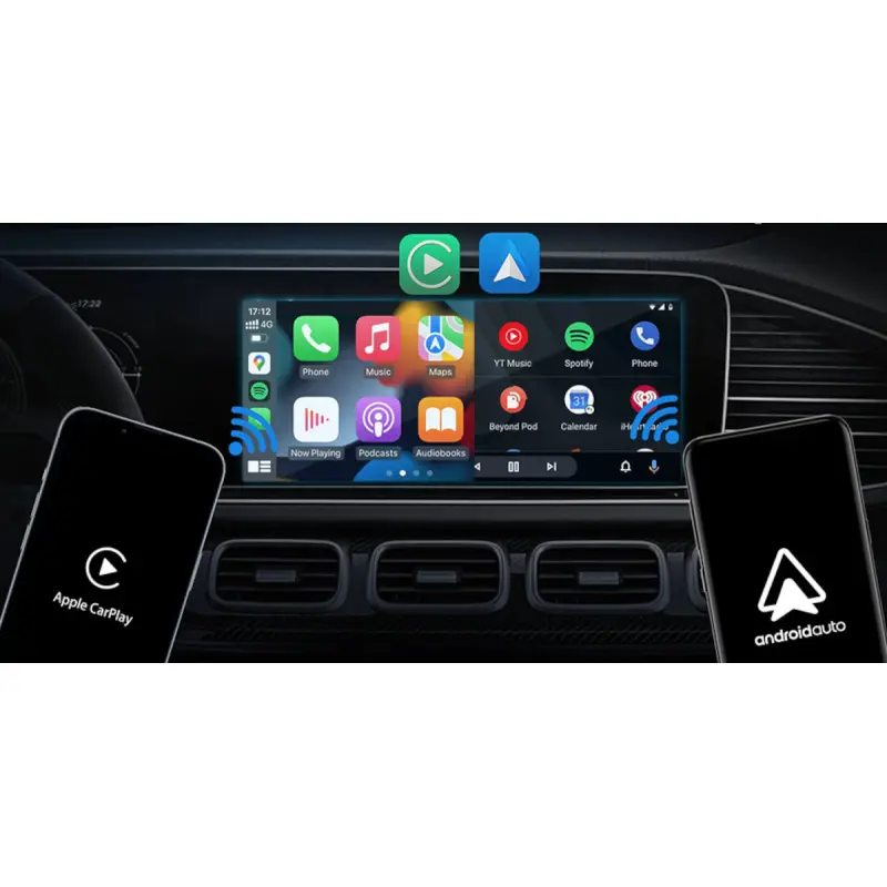 Demostración de la interfaz dividida mostrando el funcionamiento y la conexión inalámbrica de Apple CarPlay y Android