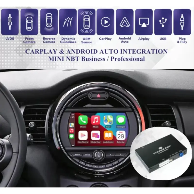 Pantalla circular original de MINI mostrando la interfaz de Apple CarPlay tras instalar el módulo de integración NBT