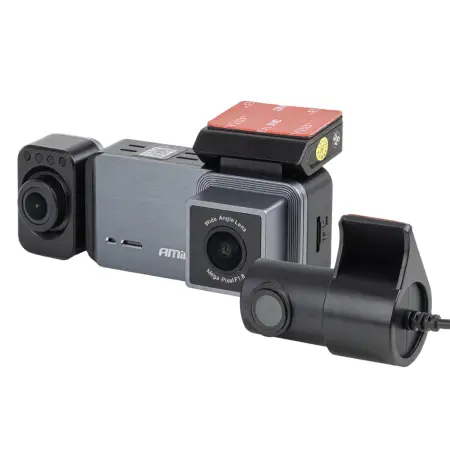 Unidad principal de la dashcam AMiO ASTRO junto a su módulo de cámara trasera