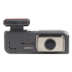 Vista frontal de la dashcam principal AMiO destacando su lente de alta resolución