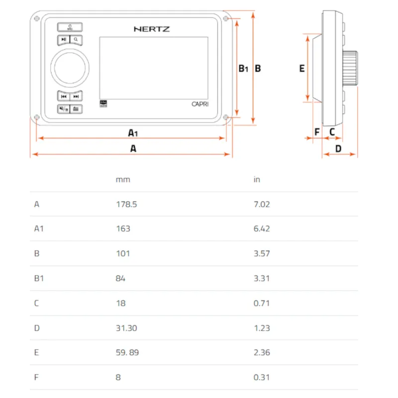 Hertz CAPRI HD1 control remoto para radio marino, medidas
