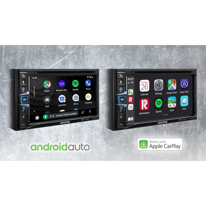 Radio navegador Alpine INE-W611D 2DIN mostrando los menús de carplay y android auto