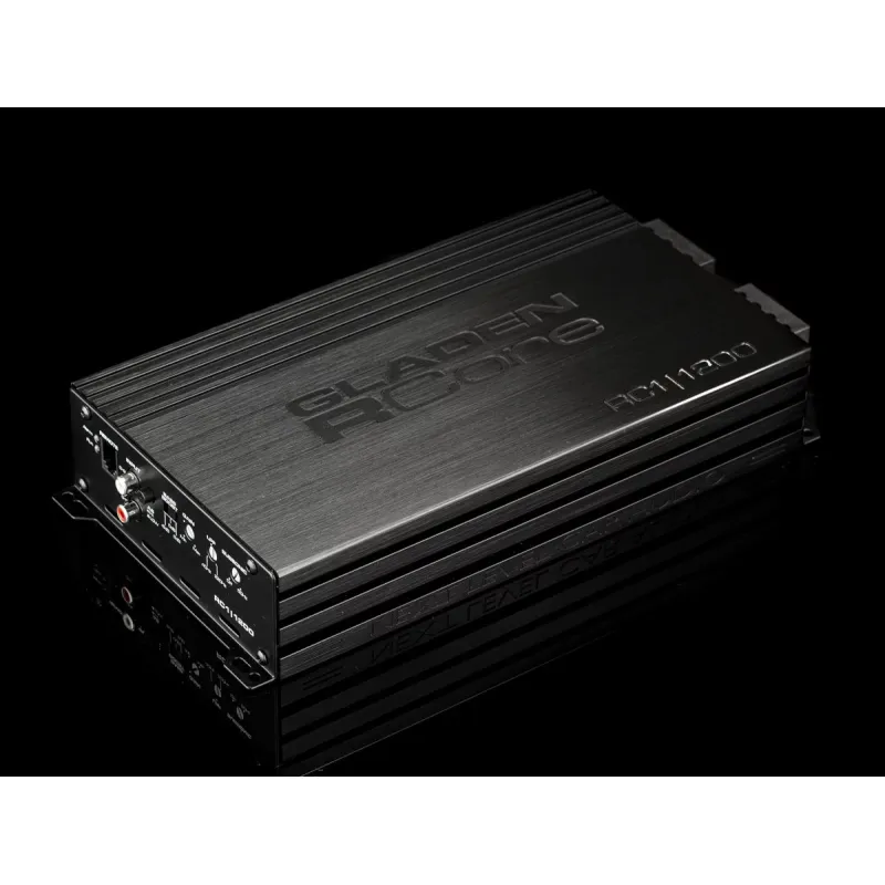 Vista general mostrando las entradas del amplificador monoblock Clase D para subwoofer