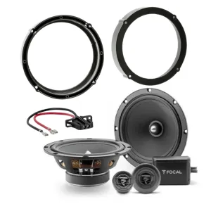 Vista del kit completo con loos altavoces Focal ASE 165, los aros adaptadores y los conectores de altavoces.