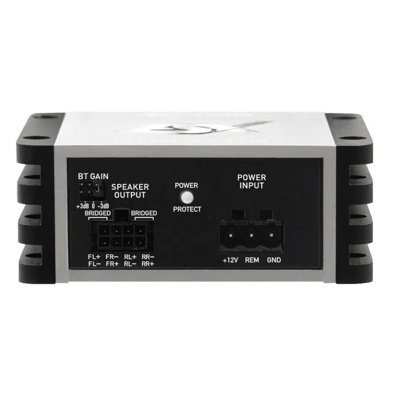 Vista de las entradas y salidas del amplificador ESX Quantum QS-FOUR-BT