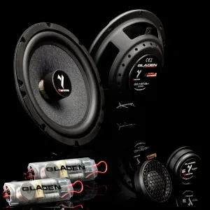 Vista general de los componentes del kit de altavoces Gladen Gamma 165.2 Slim