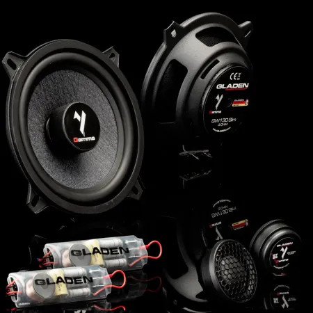 Vista general de todos lo componentes del kit de altavoces Gladen Gamma 130.2 Slim