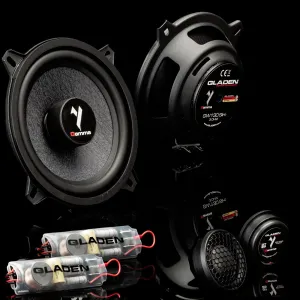 Vista general de todos lo componentes del kit de altavoces Gladen Gamma 130.2 Slim