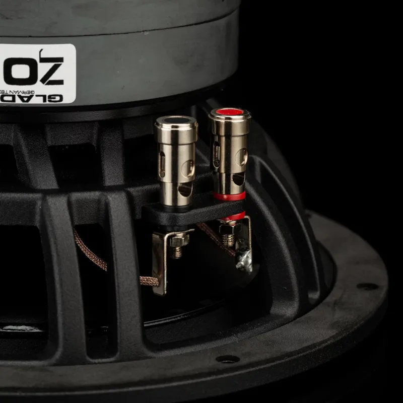 Vista de los conectores del subwoofer Gladen Zeta 08