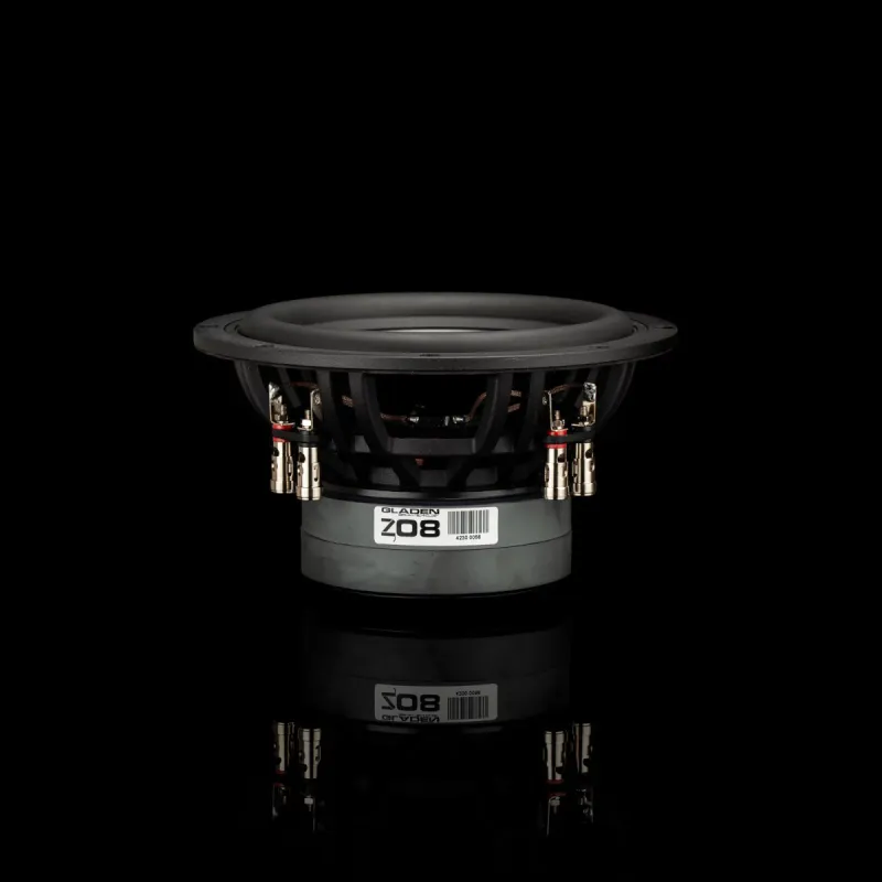 Vista lateral del subwoofer Gladen Zeta 08 mostrando sus conectores