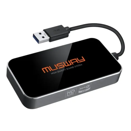 MUSWAY BTA-HD dongle Bluetooth de alta definición para streaming de audio y control de aplicaciones, con conector USB.