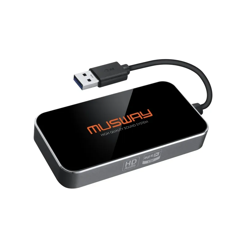 MUSWAY BTA-HD dongle Bluetooth de alta definición para streaming de audio y control de aplicaciones, con conector USB.