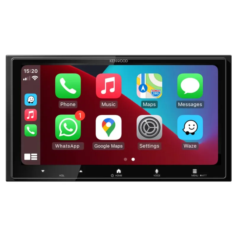 Vista general de la pantalla Kenwood DMX7525DABS mostrando el menú del carplay