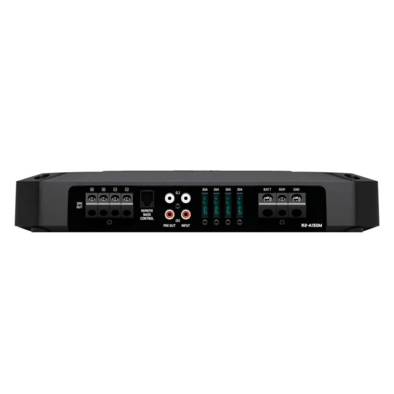 Conexiones del amplificador Alpine R2-A150M con RCA, control remoto de graves, fusibles y terminales de alimentación
