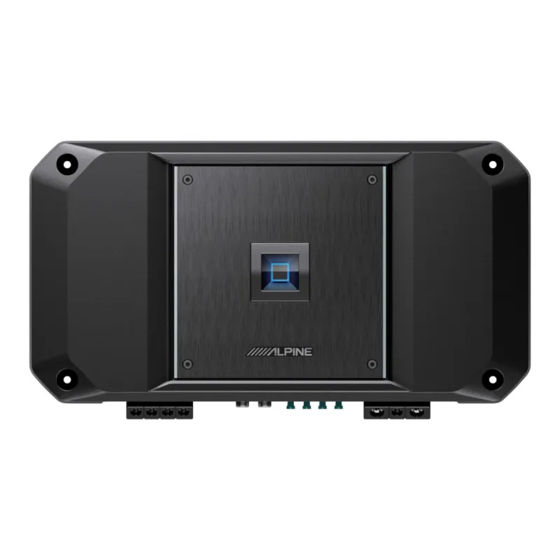 Vista superior del amplificador Alpine R2-A150M Serie R mono con chasis compacto y terminales laterales