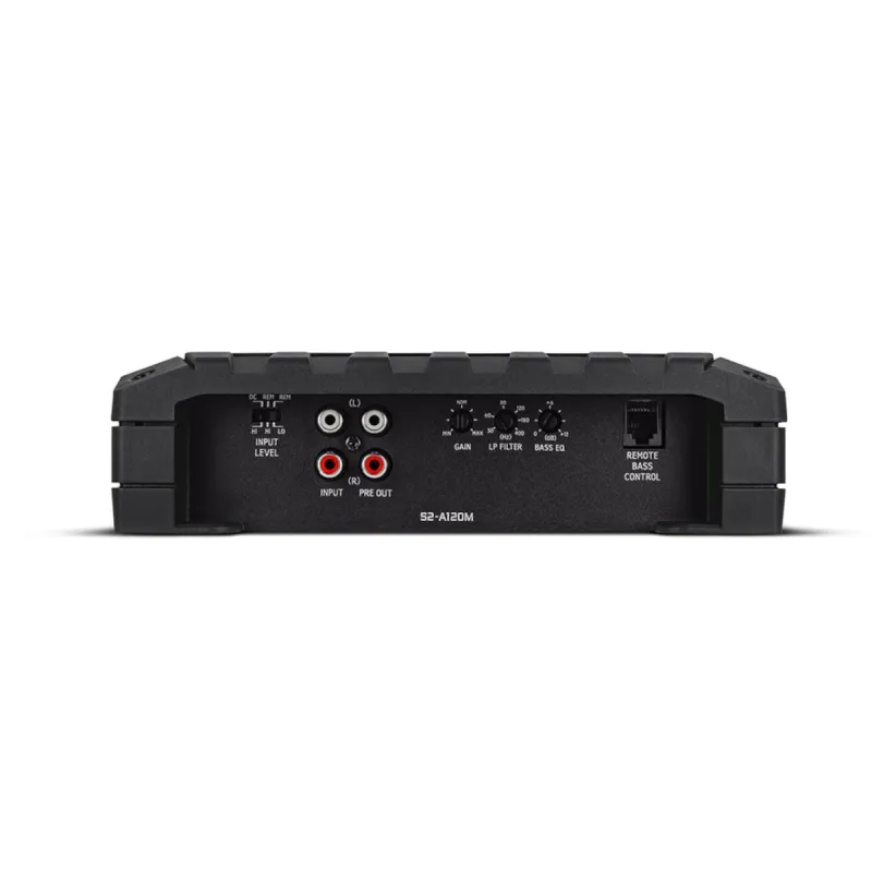 Conexiones RCA, filtro LP y control de graves del amplificador mono Alpine S2-A120M Serie S