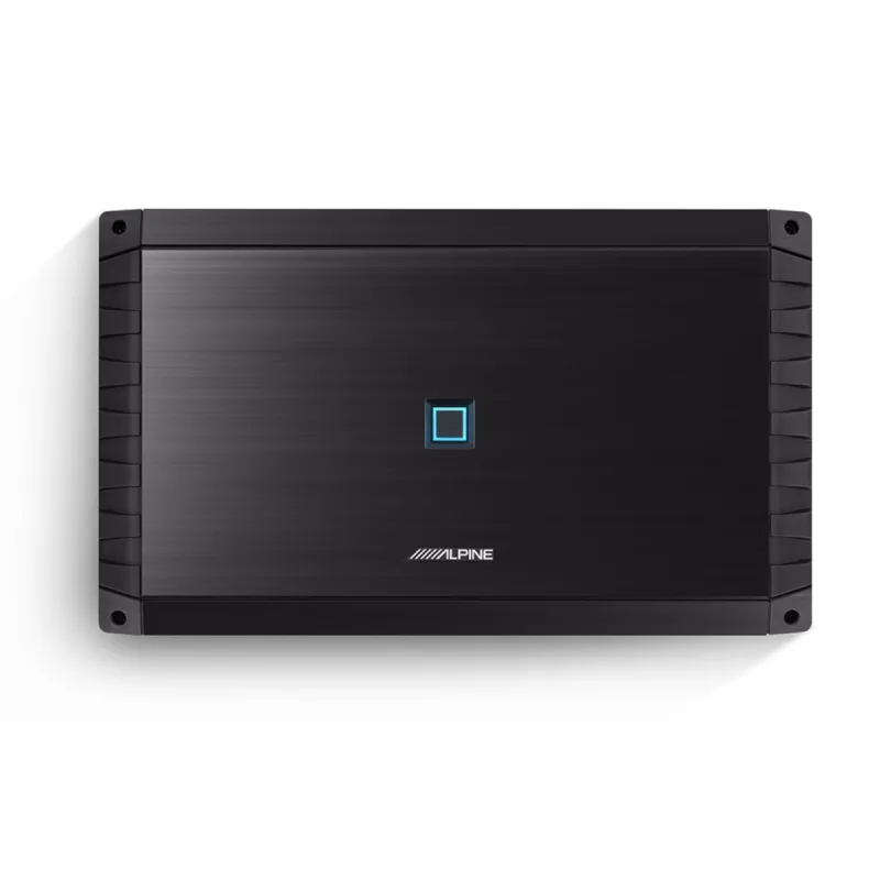 Vista superior del amplificador Alpine S2-A120M Serie S con acabado negro cepillado