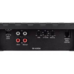 Detalle de ganancia, filtro LPF y Bass EQ en el amplificador Alpine S2-A120M de 1200W RMS