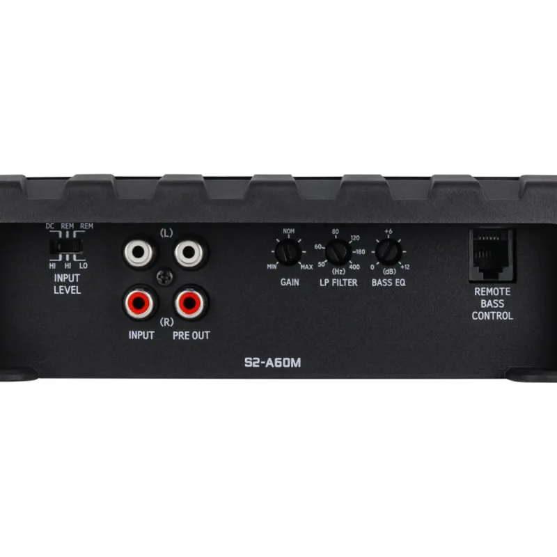 Detalle de ganancia, filtro pasa bajos y Bass EQ en el amplificador Alpine S2-A60M
