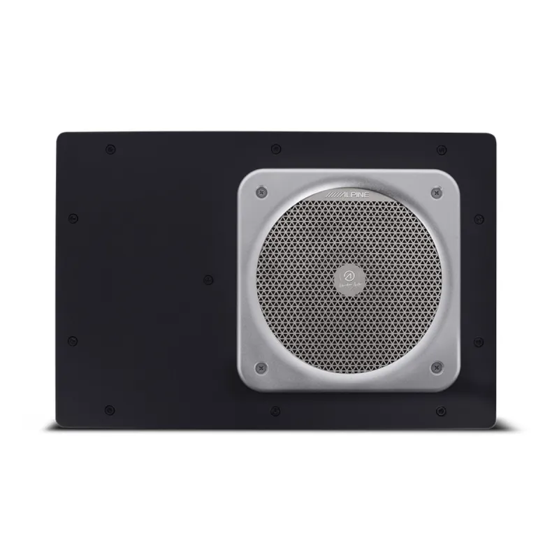 Vista frontal del subwoofer Alpine SWC-D84L con caja sellada para cabina de autocaravana