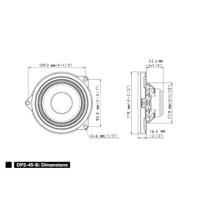 Dimensiones de los altavoces coaxiales Alpine DP2-45-B de 12 cm para BMW