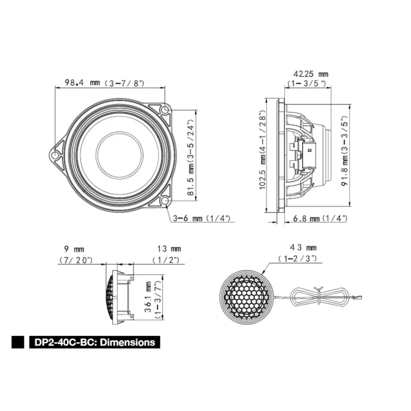Dimensiones del altavoz central Alpine DP2-40C-BC de vías separadas para BMW