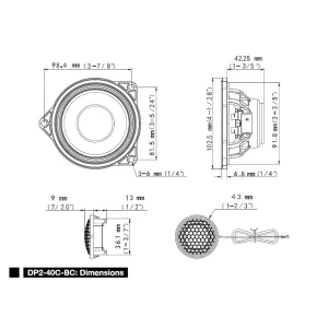 Dimensiones del altavoz central Alpine DP2-40C-BC de vías separadas para BMW