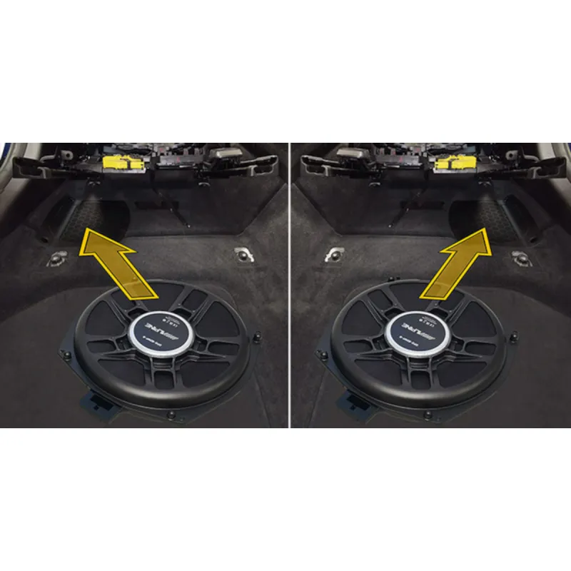 Subwoofer Alpine DP2-80WF-B instalado bajo el asiento en BMW compatible