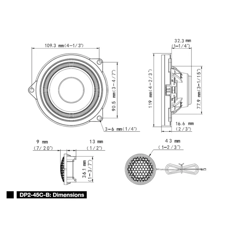 Dimensiones de los altavoces Alpine DP2-45C-B de 12 cm para BMW