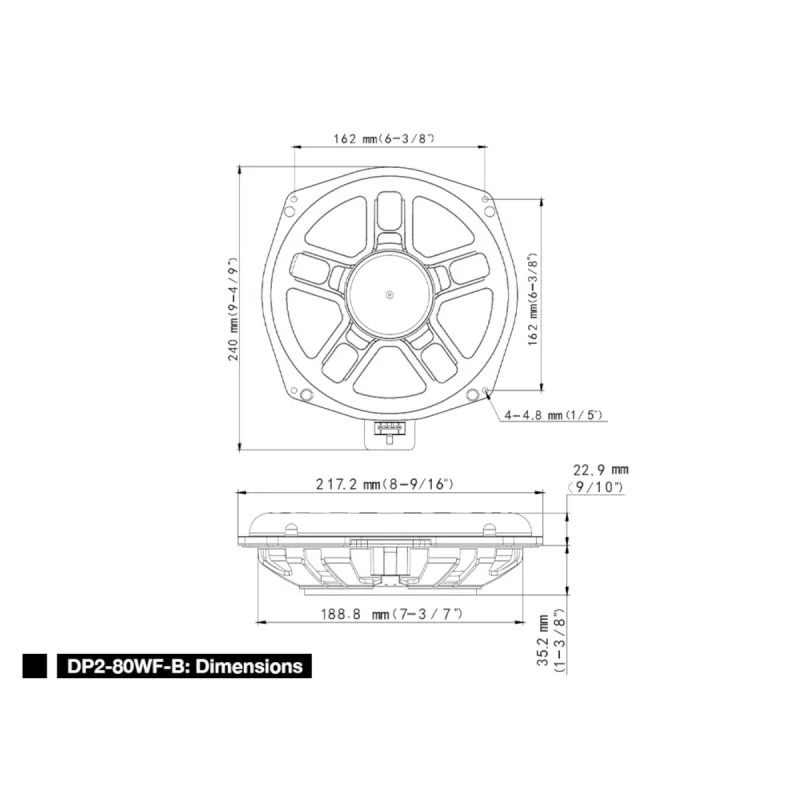 Dimensiones del subwoofer Alpine DP2-80WF-B de 20 cm para BMW bajo asiento